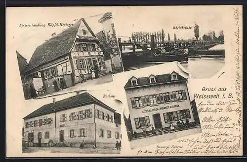 AK Weisweil i. B., Brauerei Wilhelm Zoberst, Spezereihandlung Klipfel-Heninger, Rheinbrücke, Rathaus