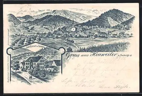Lithographie Heuweiler b. Freiburg i. B., Gasthaus z. Lamm, Ortsansicht aus der Vogelschau