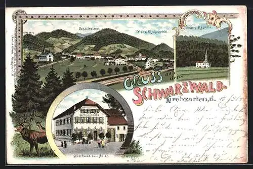 Lithographie Kirchzarten, Gasthaus zum Adler, Girsberg-Kapelle