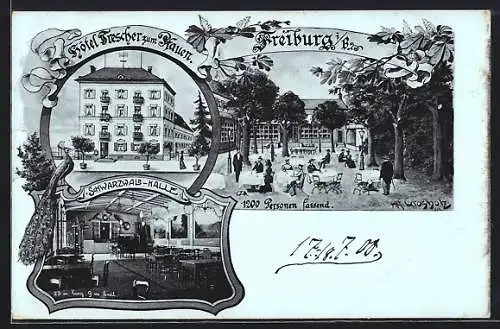 Lithographie Freiburg i. Br., Hotel Trescher zum Pfauen, Schwarzwald-Halle