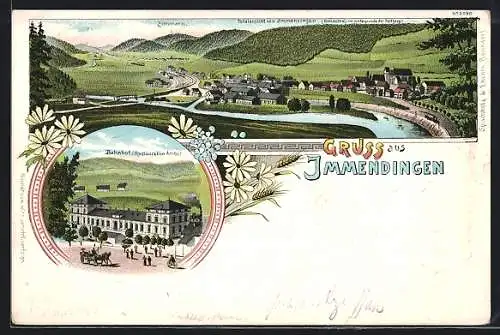 Lithographie Immendingen, Bahnhof, Ortspanorama