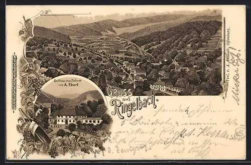 Lithographie Ringelbach / Schwarzwald, Gasthaus zum Salmen und Ortspanorama