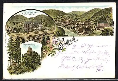 Lithographie Schiltach i. Schwarzwald, Bahnhofhotel J. Heinzelmann, Schenkenburg, Ortsansicht