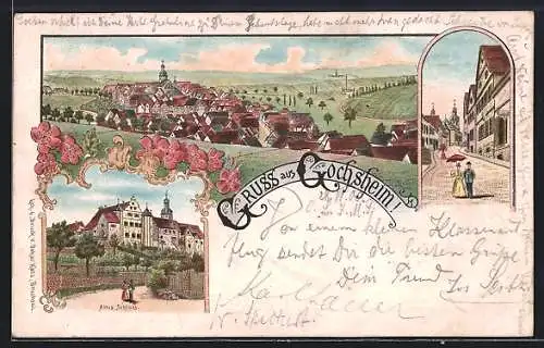 Lithographie Gochsheim, Teilansicht, Altes Schloss, Strassenpartie