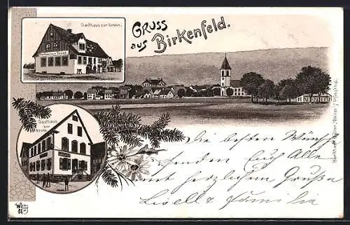 Lithographie Birkenfeld / Württ., Gasthaus zur Sonne, Gasthaus zur Krone, Ortsansicht