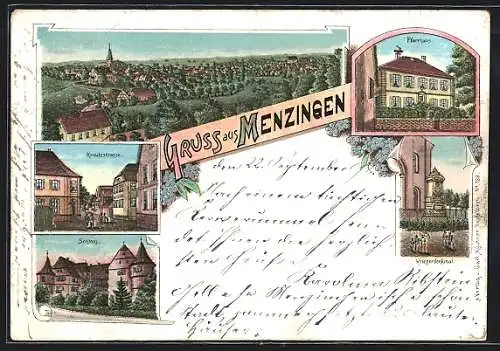 Lithographie Menzingen, Kriegerdenkmal, Kreutzstrasse, Schloss, Pfarrhaus