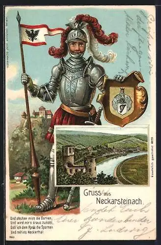 Passepartout-Lithographie Neckarsteinach, Ortsansicht mit Burg, Ritter in Rüstung mit Wappen