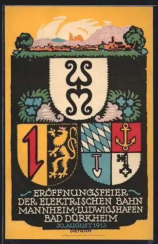 Künstler-AK Bad Dürkheim, Festpostkarte, Eröffnungsfeier der elektrischen Bahn Mannheim-Ludwigshafen 1913