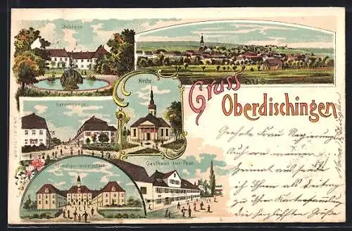 Lithographie Oberdischingen, Gasthaus zur Post, Herrengasse, Schloss