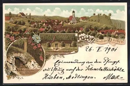 Lithographie Hürben / Brenz, Gasthaus zur Charlottenhöhle, Eingang zur Höhle