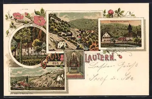 Lithographie Lautern / Württ., Gasthof zur Krone, Gasthof zum Lamm, Ortsansicht