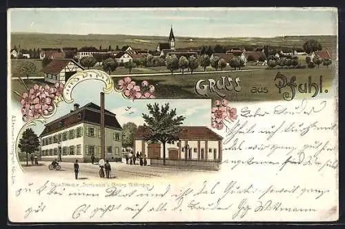 Lithographie Pfuhl / Neu-Ulm, Gasthaus z. Schlössle, Ortsansicht mit Kirche