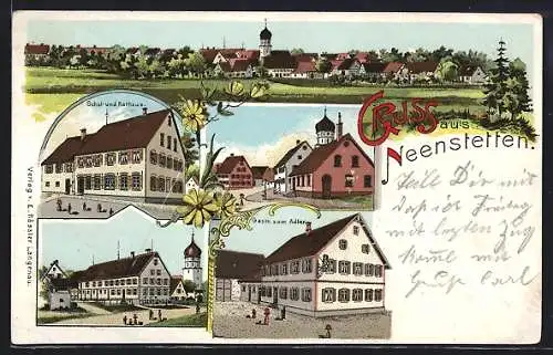 Lithographie Neenstetten, Gasthaus zum Adler, Schule und Rathaus