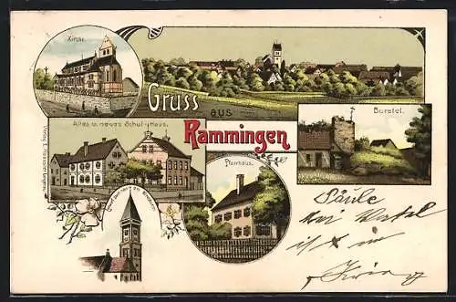 Lithographie Rammingen / Württ., Burstel, Pfarrhaus, Altes u. neues Schulhaus