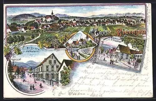 Lithographie Biengen bei Krozingen, Brauerei von J. Hellstern, Bäckerei Fischer, Schloss