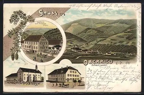 Lithographie Oberried /Schwarzwald, Gasthaus zum Sternen, Kirche