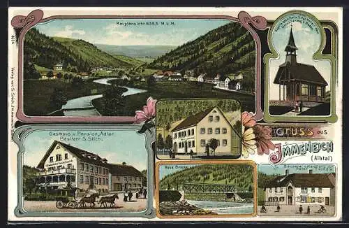 Lithographie Immeneich /Albtal, Gasthaus u. Pension Adler, Bäckerei u. Handlung Tröndle, Neue BRücke