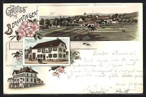Lithographie Bermatingen, Restaurant u. Handlung, Schulhaus mit Denkmal