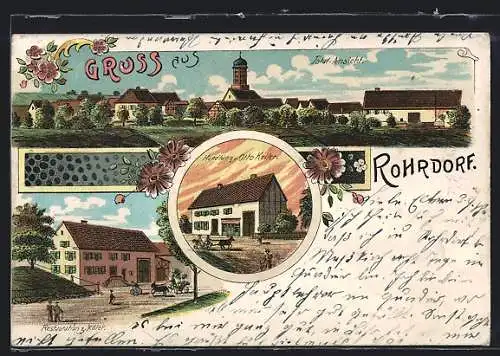 Lithographie Rohrdorf / Messkirch, Restaurant z. Adler, Handlung Otto Keller, Ortsansicht