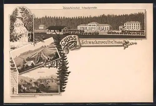 Lithographie Schwackenreuthe i. Baden, Gasthaus Bahnhofwirtschaft, Bahnhof, Ortsansicht mit Säntis