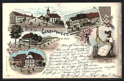 Lithographie Eckartsweier, Gasthaus zum Schwanen, Strassenpartie mit Kirche und Pfarrhaus