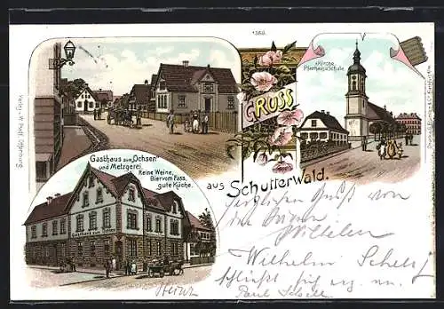 Lithographie Schutterwald, Gasthaus zum Ochsen und Metzgerei, Strassenpartie mit Kirche