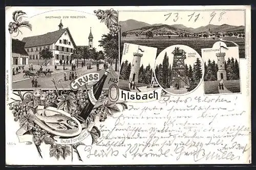 Lithographie Ohlsbach, Gasthaus zum Rebstock, Hohes Horn, Moosthurm