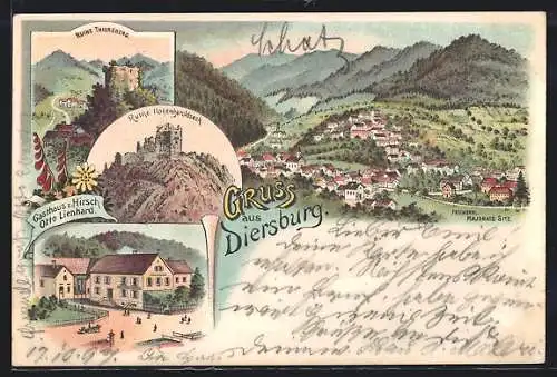 Lithographie Diersburg, Gasthaus z. Hirsch, Ruine Hohengeroldseck, Ruine Thiersberg