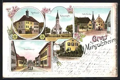 Lithographie Mingolsheim, Hauptstrasse, Rochuscapelle, Kath. Kirche