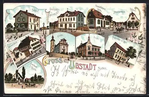 Lithographie Ubstadt /Baden, Gasthaus z. grünen Hof, Bahnhof, Restaurant Wippel