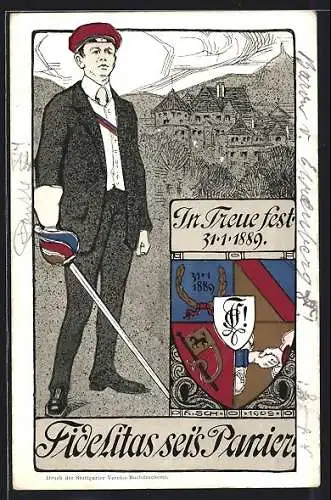 AK Stuttgart, Studentenwappen der Fidelitas, Student mit Schärpe und Degen