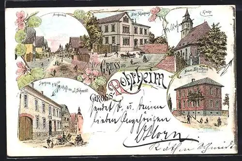 Lithographie Gross-Rohrheim, Gasthaus und Spezerei von J. Schmidt, Strassenpartie, Kirche