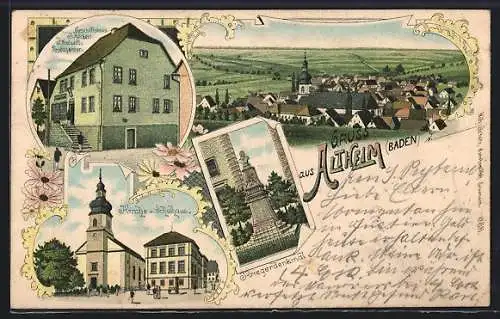 Lithographie Altheim /Baden, Geschäftshaus J. Herkert u. Kaiserl. Postagentur, Kriegerdenkmal