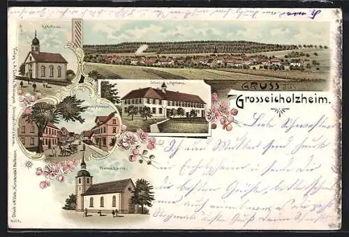 Lithographie Grosseicholzheim, Hauptstrasse, Schul- u. Rathaus, Protest. Kirche