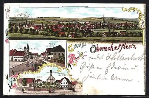 Lithographie Schefflenz, Gasthaus zur Krone & zum Engel, Schule, Rathaus, Ortsansicht