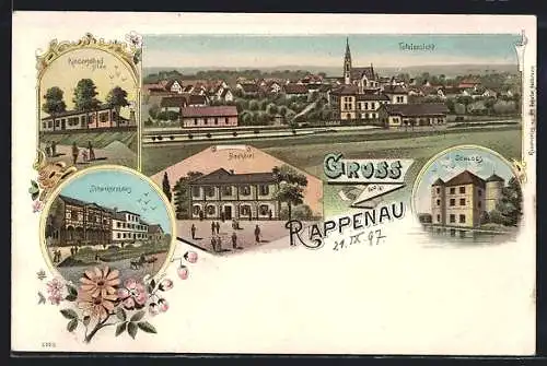 Lithographie Rappenau, Badhotel, Gasthaus Schweizerhaus, Schloss