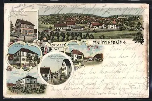 Lithographie Helmstadt / Baden, Gasthaus z. goldenen Adler, Müller`s Bäckerei u. Specerei-Geschäft, Wasserschloss