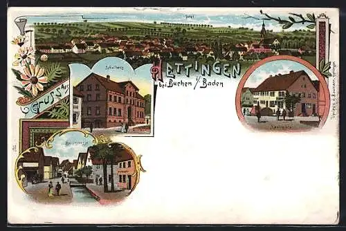 Lithographie Hettingen / Baden, Schulhaus, Marktplatz, Hauptstrasse, Totale