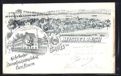 Lithographie Michelbach / Aglasterhausen, Dampfpeitschenfabrik Carl Braun, Ortsansicht