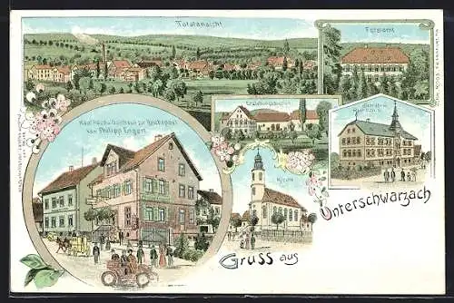 Lithographie Unterschwarzach / Baden, Gasthaus zur Reichspost, Forstamt, Schule und Rathaus, Erziehungsanstalt