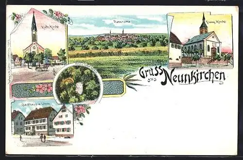 Lithographie Neunkirchen / Baden, Gasthaus z. Löwen, Evang. und Kath. Kirche
