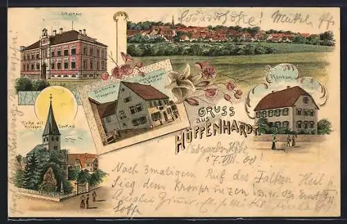 Lithographie Hüffenhardt, Bäckerei-Café Hengerer, Kirche mit Kriegerdenkmal, Pfarrhaus