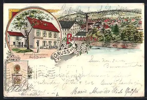 Lithographie Bammenthal, Bahnhof-Restaurant H. Diehm, Ortsansicht