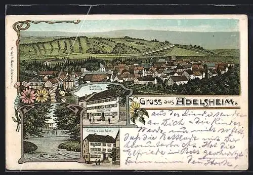 Lithographie Adelsheim, Gasthaus zur Linde, Gasthaus zum Ross, Ortsansicht