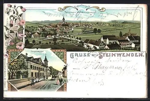 Lithographie Steinwenden, Hauptstrasse mit Fahrradfahrer, Panorama