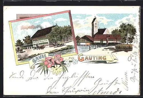 Lithographie Gauting, Gasthaus von georg Hittl, Kirchenansicht