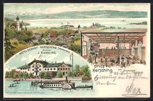 Lithographie Hersching /Ammersee, Hotel Seehof und Dampfer, Panorama