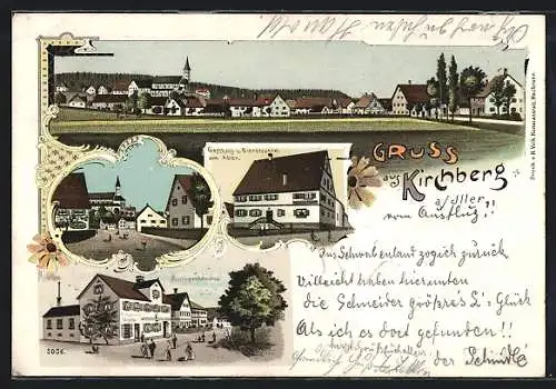 Lithographie Kirchberg a. Iller, Gasthaus u. Bierbrauerei zum Adler, Kirchenstrasse