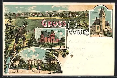 Lithographie Wain, Schloss, Forsthaus, Kirche, Jäger auf der Pirsch