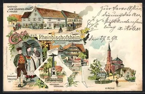 Lithographie Rheinbischofsheim, Gasthof zum Goldenen Löwen, Hanauer Trachten, Kirche